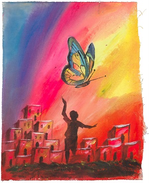 Image of "I'll be back with my butterfly" painted by 14 year old hearing patient Syrian Refugee