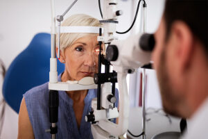 Patient eye vision examination in clinic